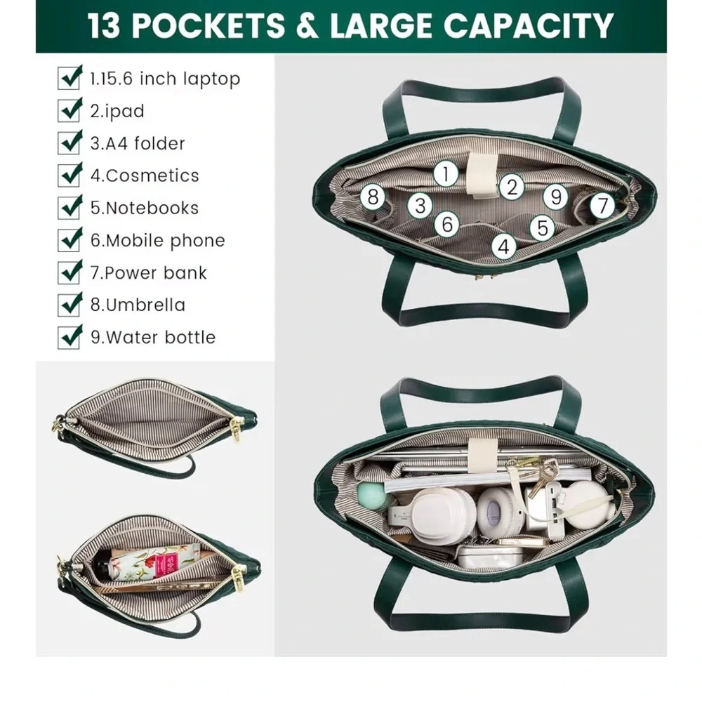 SOLD LOVEVOOK Green Quilted Tote Bag With Wristlet - Picture 2 of 10